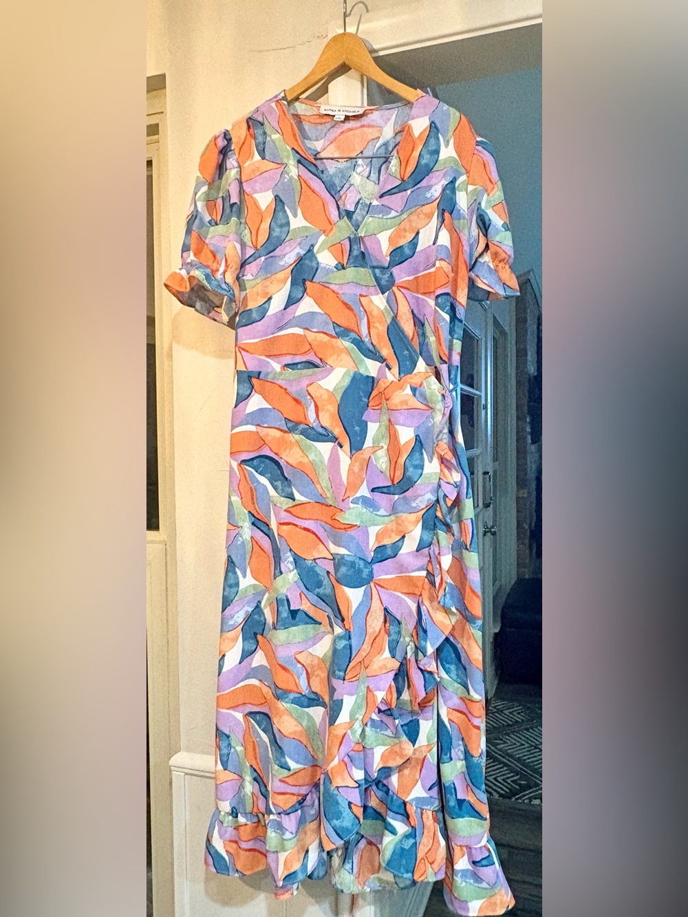 Colorful Abstract Print Wrap Dress - Orange & Blue